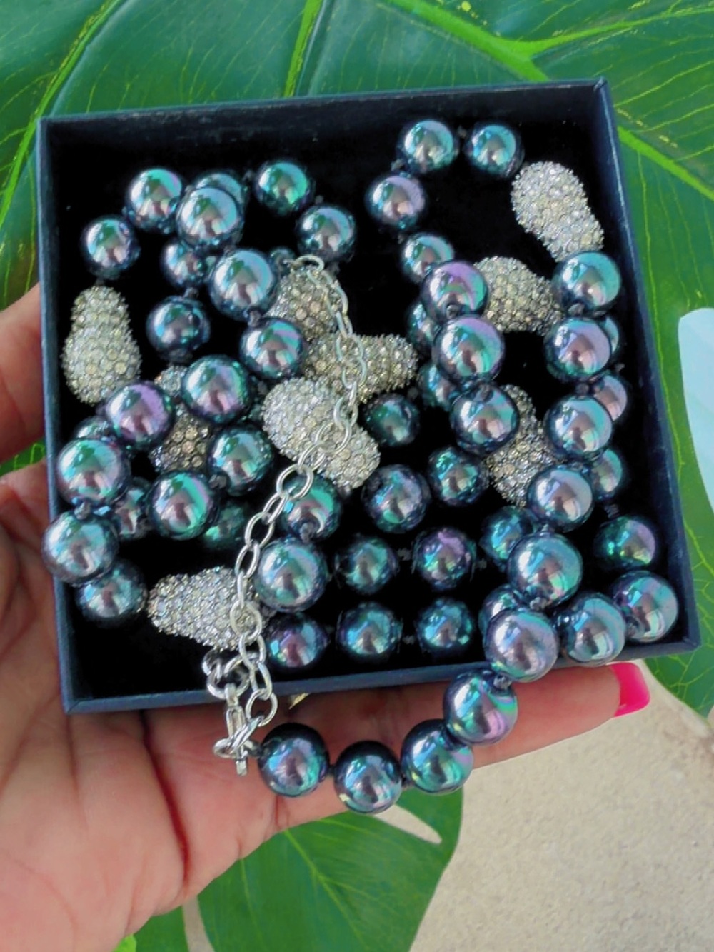 Iridescent Hematite Pearl Necklace with Pave Crystal Accents